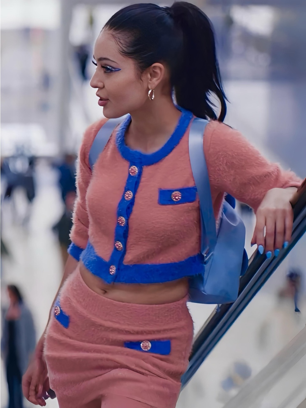 Euphoria Maddy Perez Alexa Demie Pink Blue fitted Fuzzy Sweater Set